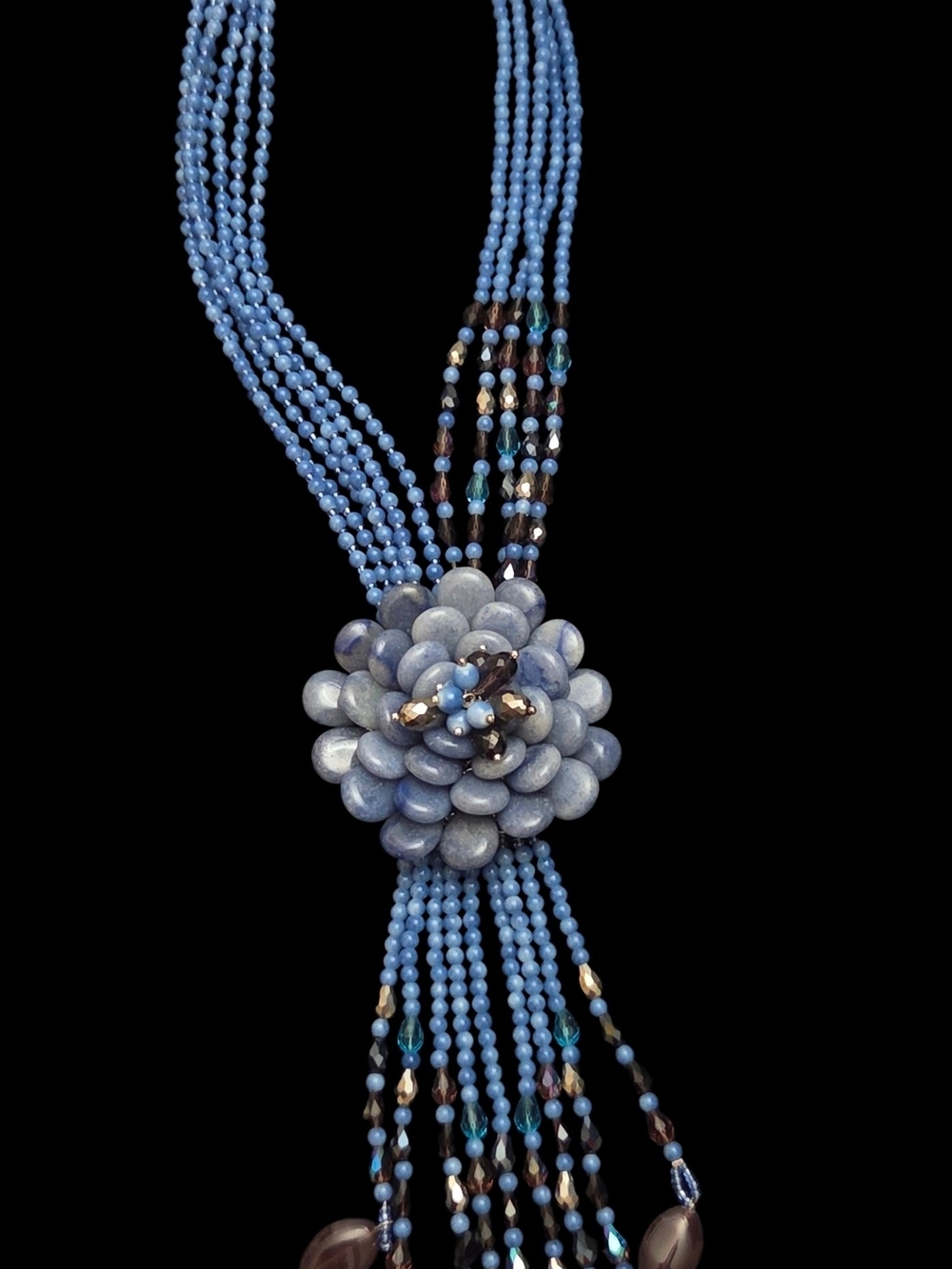 Signed Joan Rivers Starlet Blue Multi-Strand Flower Tassel Necklace